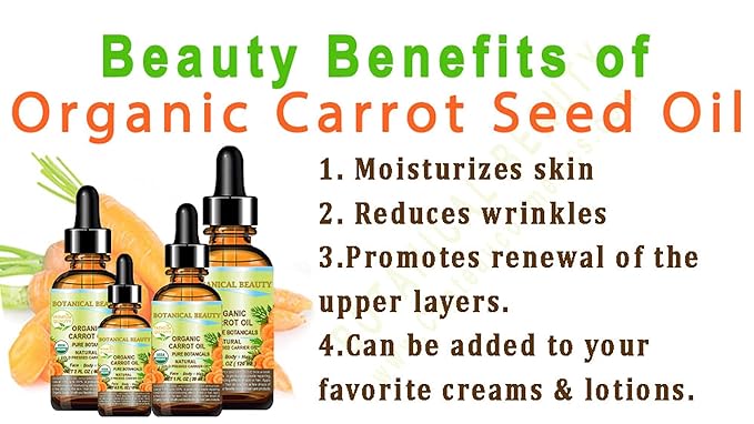 Botanical Beauty Organic CARROT SEED OIL 100% Pure VIRGIN UNREFINED Undiluted Cold Pressed Carrier Oil 2 Fl.oz.‐ 60 ml. for Face, Skin, Body, Hair, Lip, Nails. Rich in Beta Carotene, Vitamin E