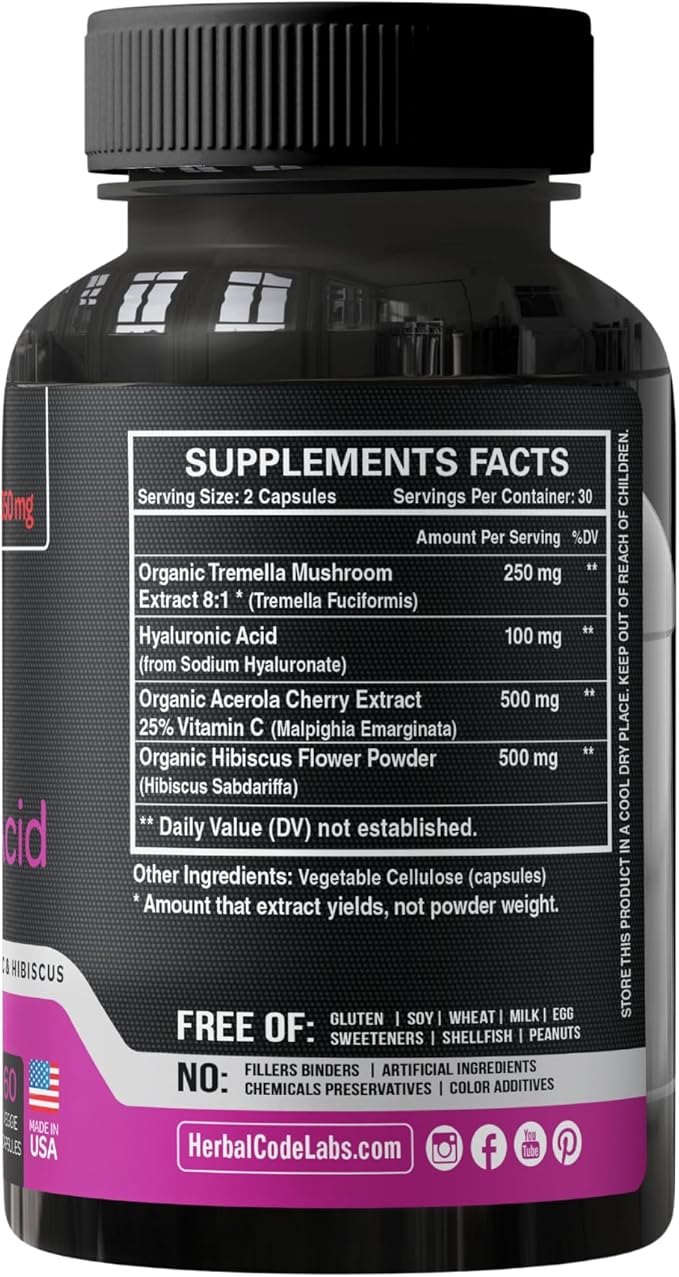 Natural Hyaluronic Acid Supplement 5X Stronger Hydration Pills from Pure Tremella Mushroom with Vitamin C & Hibiscus - Skin Supplement Anti Wrinkle Dietary Capsules - hair nails vitamins