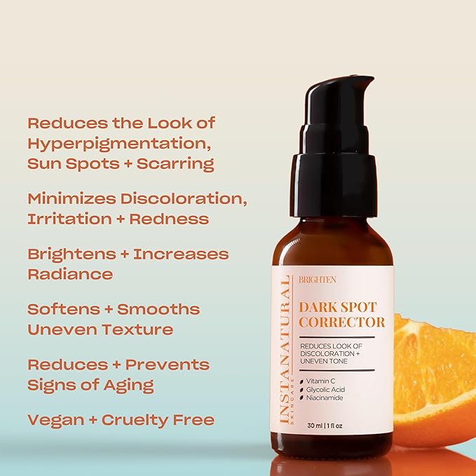 InstaNatural Dark Spot Corrector Face Serum, Brightens, Reduces Hyperpigmentation, Sun Spots and Acne Scarring, with Glycolic Acid and Niacinamide, 1 Fl Oz