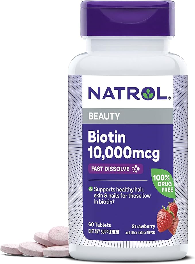 Natrol Biotin 10000mcg, 4x Faster Dissolve Supplement for Healthy Hair, Skin and Nails for Those Low in Biotin, Plus Energy Metabolism Support, 60 Tablets, Up to a 60 Day Supply