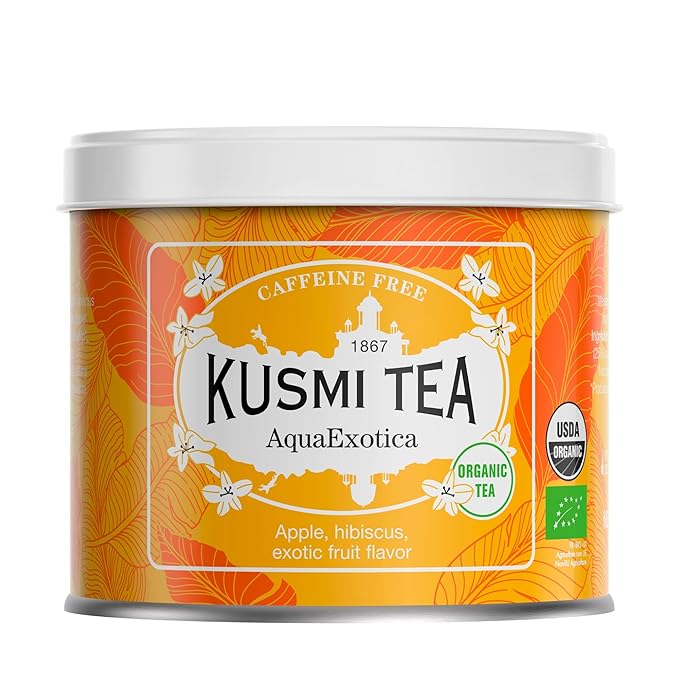 Kusmi Tea - AquaExotica - Organic Blend of Hibiscus, Mango, Dragon Fruit & Apple - Caffeine Free Herbal Tea - Enjoy Hot or Iced - Loose Leaf Tea - Tin Box of 3.5 oz - Quantity for about 50 cups