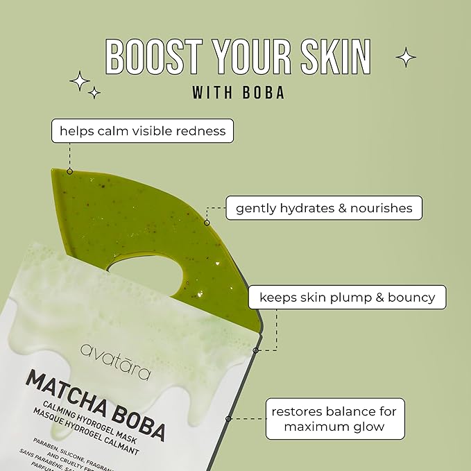 Avatara Matcha Boba Hydrogel Mask, Facial Masks Skincare Essential, 2-Piece Cooling & Hydrating Skin Care Mask with Multi-Hyaluronic Combo & Ceramides, 30 g, 1-Pack