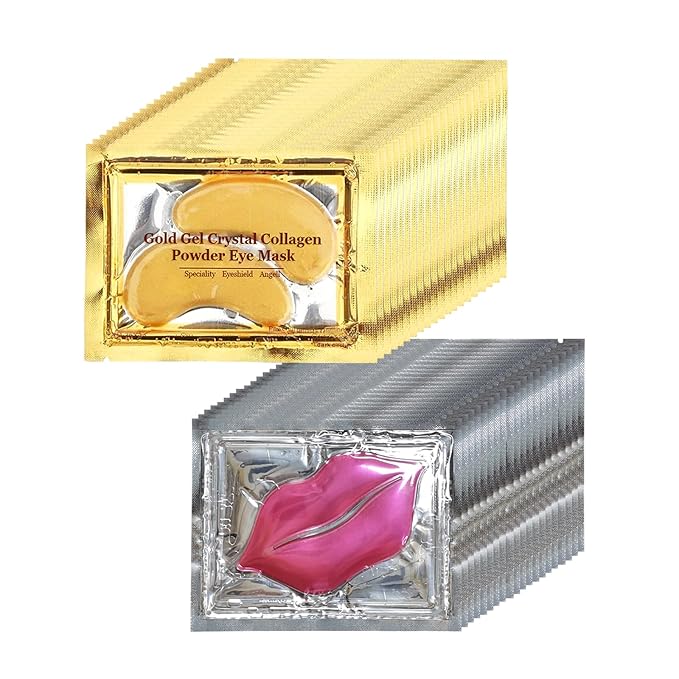 40 Pairs Pink Lip Masks & Eye Masks, 24K Gold Gel Collagen Eye Patches for Puffy Eyes, Dark Circles, Wrinkles and Eye Bags, Moisturizing Crystal Mask Set for Women Men