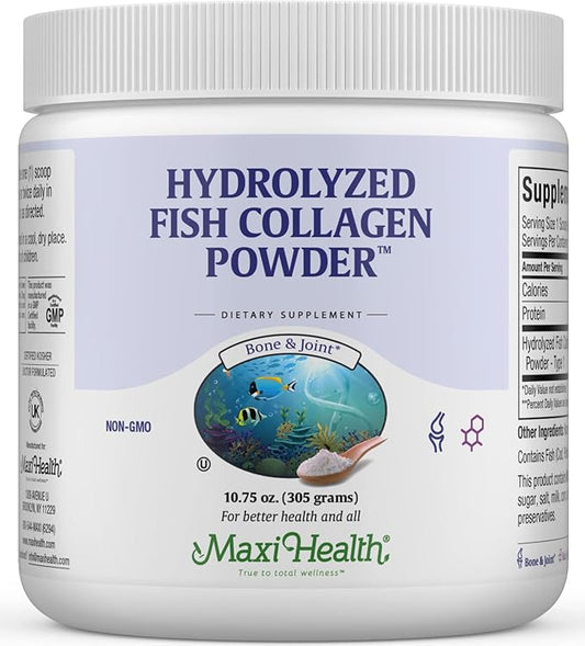 Maxi Health Collagen Powder - Collagen Protein Powder - Marine Collagen Powder for Women & Men - Type I Unflavored Fish Collagen Hydrolyzed Collagen Protein - Hair Growth & Skin Supplement (10.75 oz)