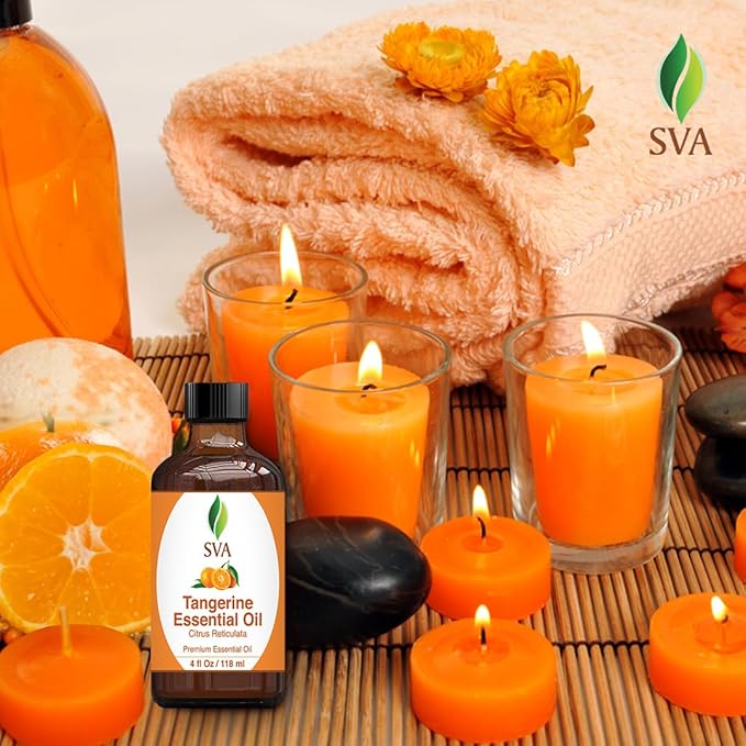 SVA Tangerine Essential Oil – 4 Fl Oz – 100% Natural Tangerine Oil - for Diffuser, Hair Care, Face, Skin Care, Aromatherapy, Scalp and Body Massage, Soap and Candle Making – with Dropper