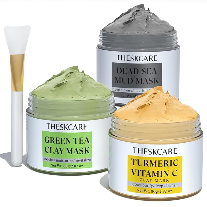3 PCS Clay Mask Set, Turmeric Vitamin C Clay Mask, Dead Sea Mud Mask, Green Tea Clay Mask, Facial Mask for Oil Control, Deep Cleaning, and Radiant Skin, 240g, 2.82 OZ each