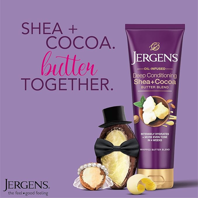 Jergens Shea and Cocoa Whipped Body Butter Lotion, Tone Enriching Hand And Body Lotion for Dry Skin, with Vitamins B3 & E, 8.5 Oz