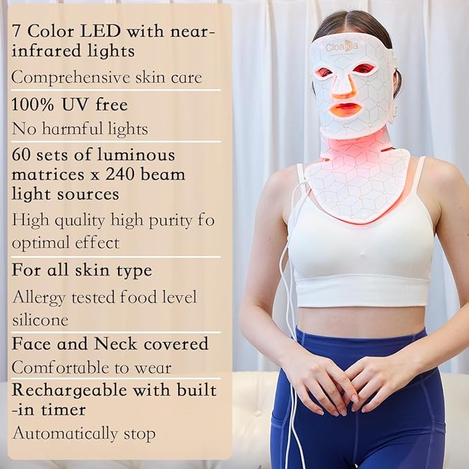 K11 LED Red Light Therapy Face Mask & Neck | 7-Color Light Modes + Near-Infrared | 5 Timers & 3-Speed Settings| Portable Foldable Design for Home & Travel Skincare