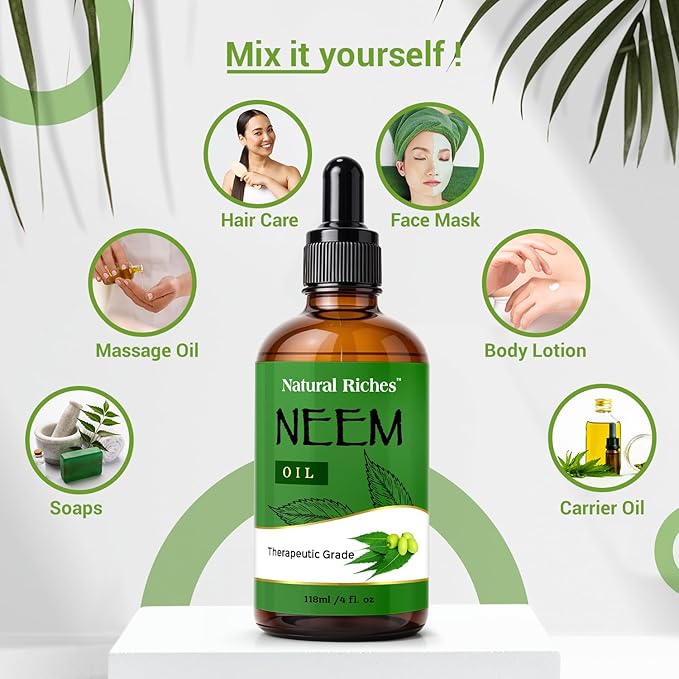 Natural Riches Neem Oil for Skin Care Cold Pressed, 100% Pure. Great for Hair Care, Skin, Nails, Acne Anti-Aging Moisturizer - You can also use it on plants. 4 fl. oz.