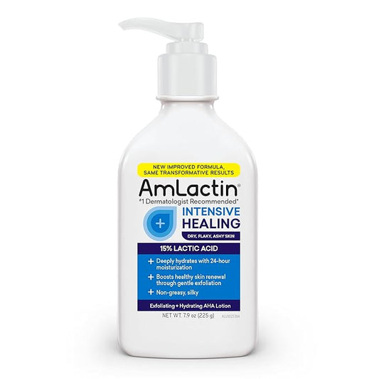 AmLactin Intensive Healing Body Lotion for Dry Skin, 7.9 oz Pump Bottle, 2-in-1 Exfoliator and Moisturizer with Ceramides and 15% Lactic Acid for 24-Hour Relief from Dry Skin (Packaging May Vary)