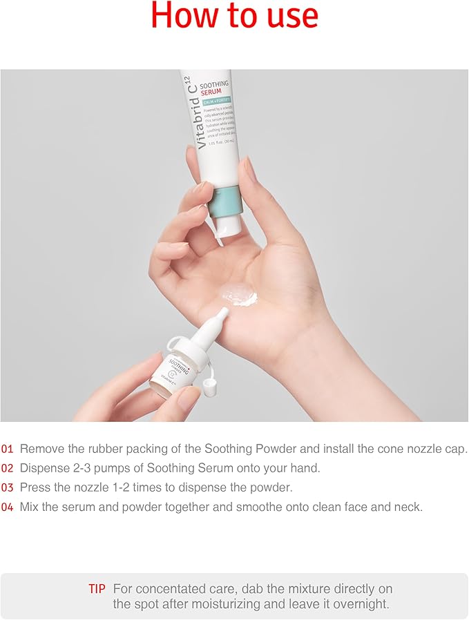 12 Hour Vitamin C Soothing Serum for Acne & Blemish-Prone Sensitive Skin - Improves Sebum, Pores and Redness - Peptides, Niacinamide, Madecassoside, 1.01 fl.oz. Powder 0.04oz.