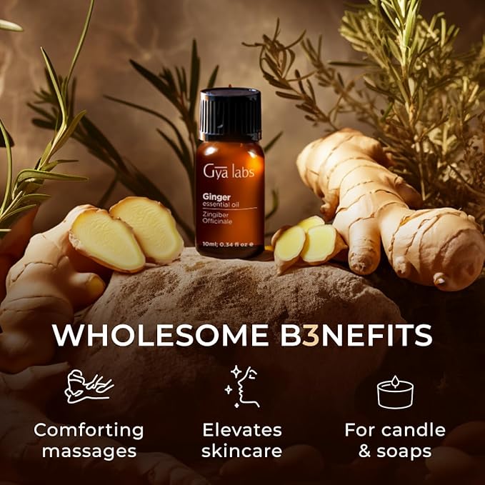 Gya Labs Ginger Essential Oil - 0.34 Fl Oz - Ginger Oil for Massage, Diffuser, Hair, Skin, Body & Candle Making - Warming & Spicy Scent