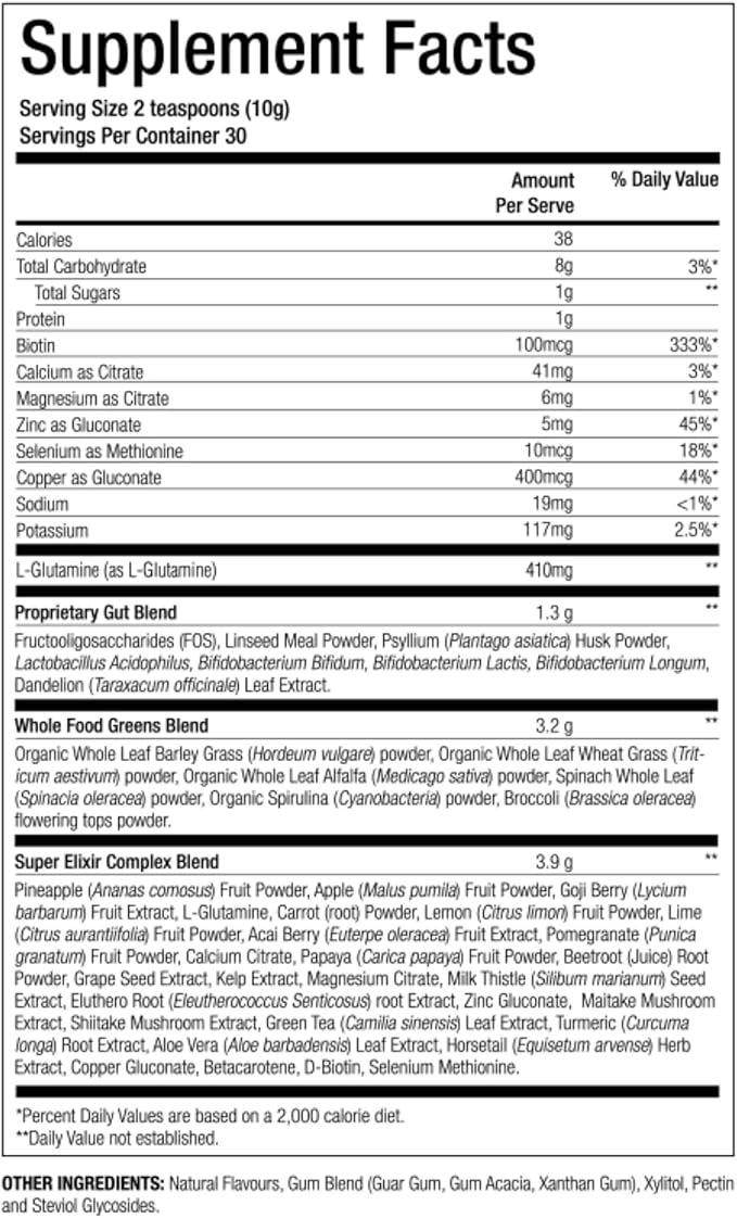 WelleCo The Super Elixir Daily Greens Powder, Probiotic Drink Mix with Whole Foods, Gluten Free, Vegan Gut Health Powder, Energy, Immunity, Healthy Skin, Hair & Nails (300g, Lemon Ginger)