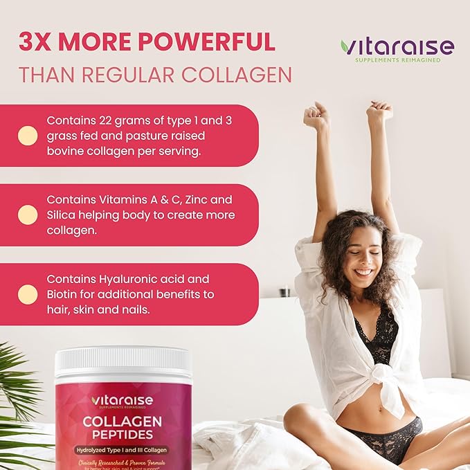 Hydrolyzed Collagen Powder - Type I & III Grass-Fed Collagen for Hair, Skin, Nail, Joints - Unflavored 22g per Serving - 30 Servings - 1.49 lbs - 3X Powerful - Hyaluronic Acid, VIT C, Added Nutrients