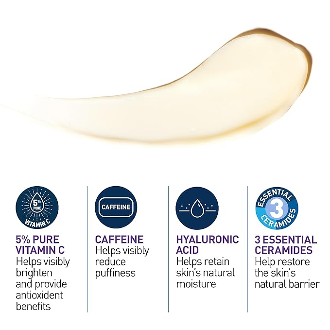 CeraVe Skin Renewing Vitamin C Eye Cream, Vitamin C, Hyaluronic Acid, Ceramides & Caffeine, Under Eye Cream For Dark Circles and Puffiness, Fragrance Free & Ophthalmologist Tested, 0.5 Fl. Oz