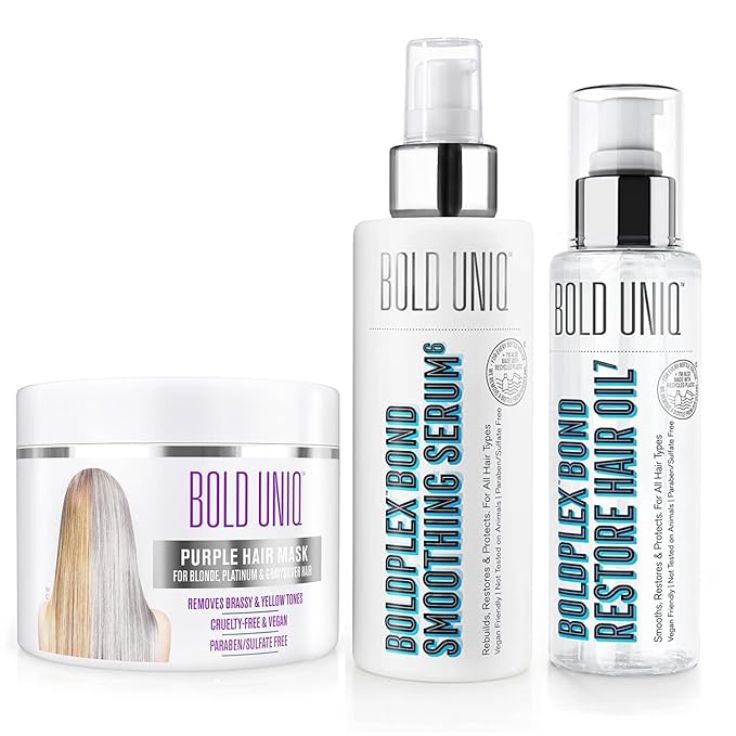 BOLD UNIQ Purple Hair Mask, BoldPlex 6 Hair Serum & BoldPlex 7 Hair Oil Bundle - Remove Brassiness & Yellow Tones, Strengthen, Protect Damaged Hair & Reduce Frizz, Paraben Sulfate-free, Vegan Friendly