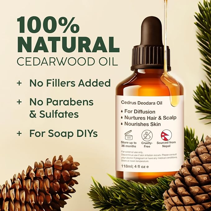 Kukka Cedarwood Essential Oil for Hair Skin & Diffuser - 4 Fl Oz - 100% Natural Cedarwood Oil for Hair Aromatherapy Soap Making Scent