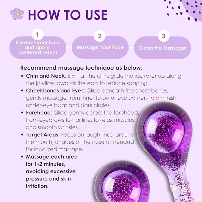 Facial Ice Globes Cryo Stick, Cooling Roller for Face, Neck & Eyes, Beauty Tool to Refresh Skin, Smooth Fine Lines, Reduce Puffiness, Tighten Pores, Skincare Gift Set, Glitter Purple