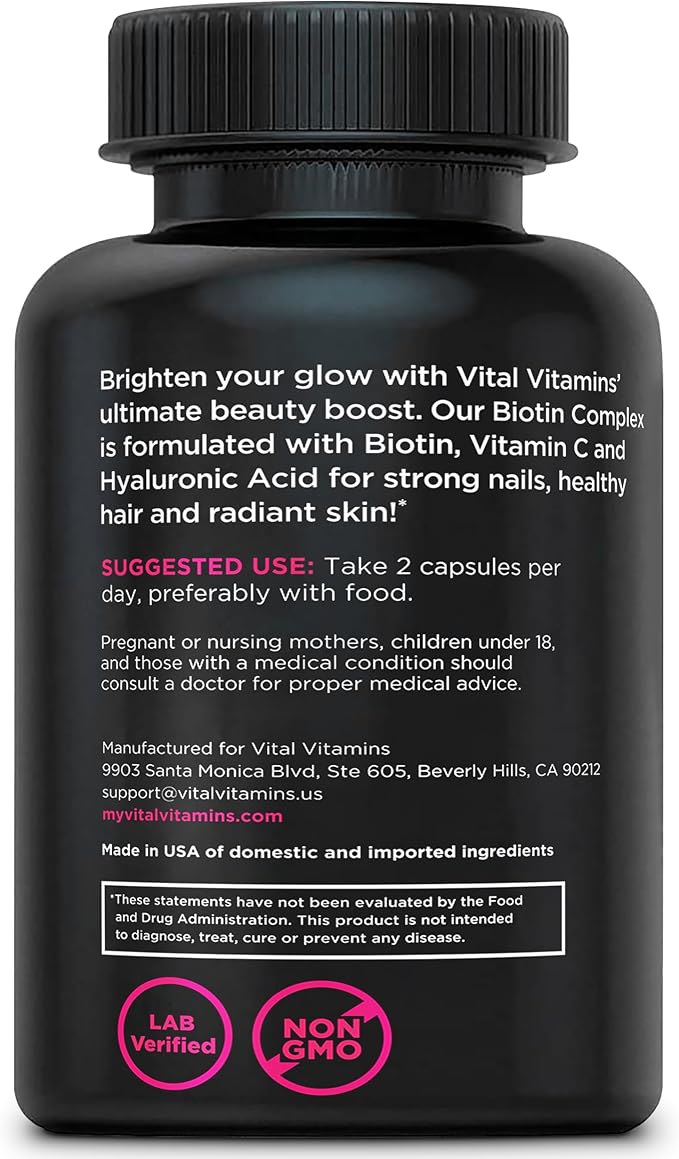 Vital Vitamins Biotin Complex Pills - with Hyaluronic Acid, MSM, Collagen, & Vitamin C - Supplement for Hair, Skin, & Nails - 60 Capsules