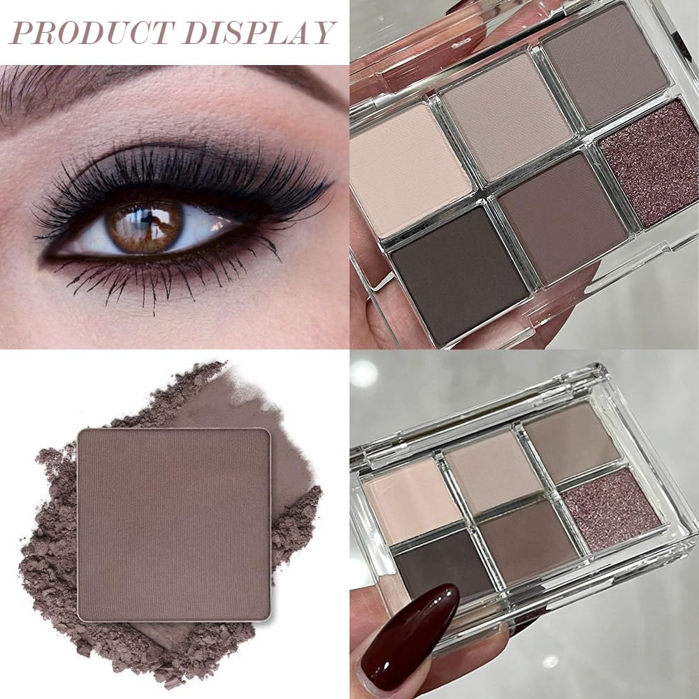 6 Colors Glitter Matte Eyeshadow Palette, Natural Nude Smoky Black Coffee Wine Red Sparkly Eyeshadow Palette Makeup, Smokyd Eye Shadows Palette Long Lasting Naturing-Looking Women Girls Eye Shadow 02
