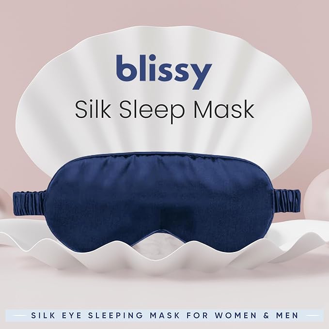 Blissy Silk Sleep Mask - Silk Eye Sleeping Mask for Women & Men for Total Blackout - 100% Pure Mulberry Silk, 22 Momme 6a Fibers - Blindfold Silk Sleep Mask Side Sleeper Eye Cover (Blue)