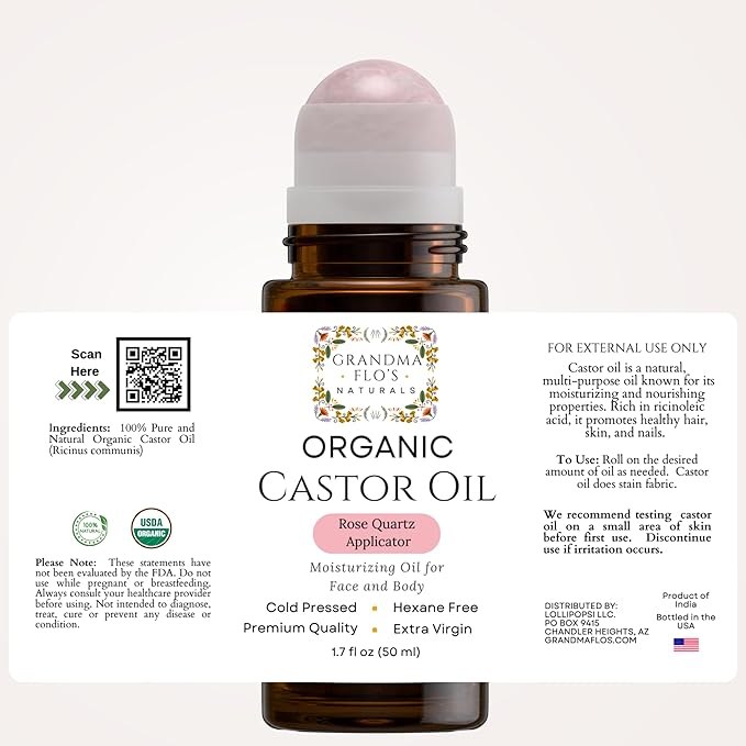 Grandma Flo's Naturals Organic Castor Oil with Rose Quartz Roll On For Face and Body - Glass Bottle, Cold Pressed, Hexane Free, Unrefined - Stimulate Hair Growth, Moisturize Skin