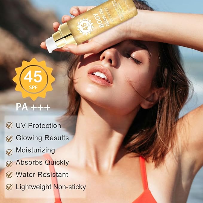 Body Glow Oil,SPF 45 Broad Spectrum,Body Shimmer Oil with Gold Mica,Glitter Sunscreen with Coconut,Lightweight Non-Sticky,Water Resistant,Glowing Results,3.72 fl oz,GOLD
