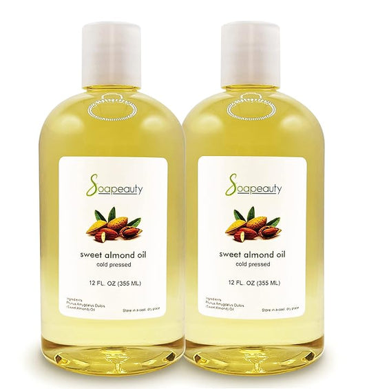 Soapeauty Sweet Almond Oil Cold Pressed Refined | 100% Pure Sweet Almond Oil Available in Bulk | Carrier for Essential Oils, Almond Oil for Skin, Face, and Hair, Soap Making | 24 fl oz (2 * 12 fl oz)