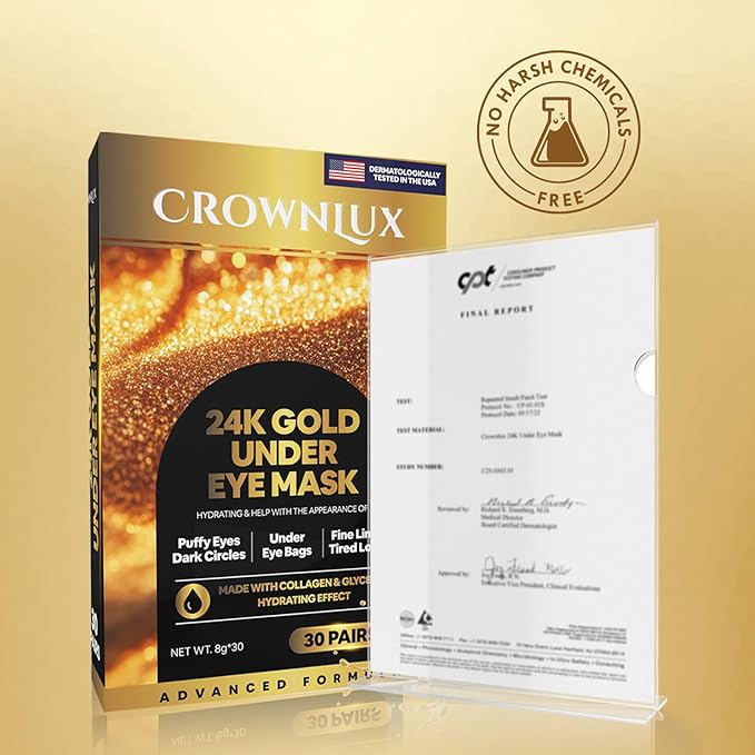 Under Eye Masks (30 Pairs), 24K Gold Under Eye Patches for Puffy Eyes, Dark Circles, Eye Bags, Refreshes Skin, Firm Glowy Youthful More Elastic Skin Hydration, Collagen Skin Care Products