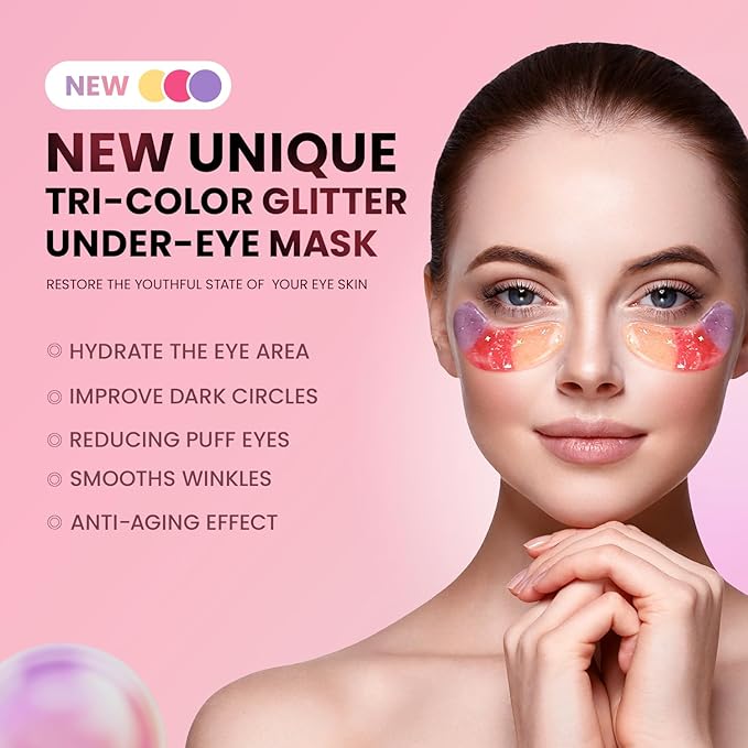 Under Eye Patches (36 Pairs) - New Tri-color Glitter Eye Gel Pads for Dark Circles Puffy Eyes,Under eye Bags,Wrinkles|Natural Collagen Under Eye Mask Patches, Gel Under Eye Patches