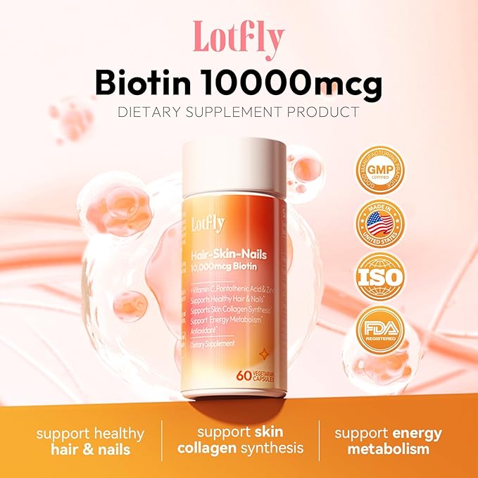 Biotin 10000 mcg with Zinc Vitamin C & Calcium Pantothenate – Supports Healthy Hair Growth, Strong Nails & Glowing Skin for Women & Men | Made in The USA | 60 Vegan Capsules (2 Months Supply)