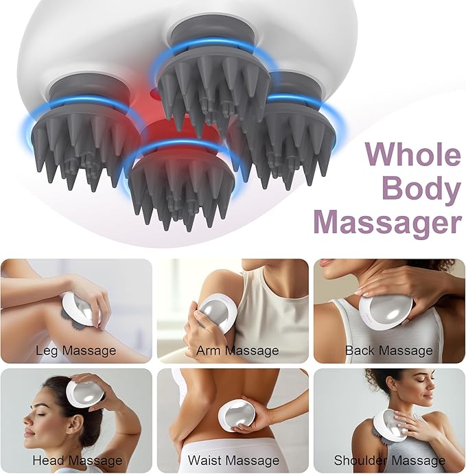 Electric Scalp Massager, Portable Head Stress Relax,IPX7 Waterproof Rechargeable Head Massager Scalp Stress Relax, Body for Deep Cleansing, Relief, Hair Growth (Silver)