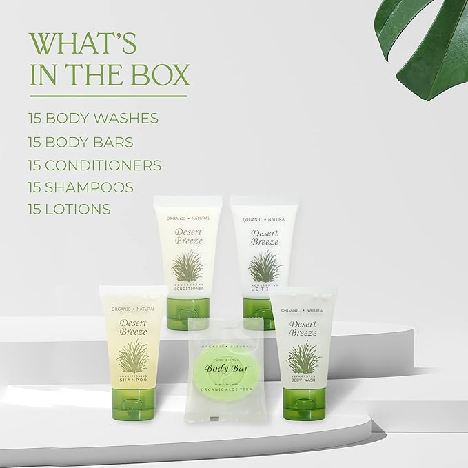 Terra Pure Desert Breeze Hotel Soaps & Toiletries Bulk Set | 1-Shoppe Amenities Kit | 1oz Shampoo & Conditioner, Body Wash, Lotion, Bar Soap | Travel Size | 75 Pieces