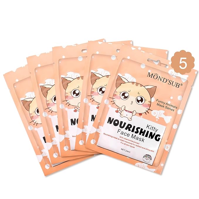 Animal Spa Beauty Mask, Character Masks Sheet-(Pack of 5) KITTY Cat Firming Nourishing & Moisturizing Effects For All Skin Types- Birthday Party Gift for her, Girls Night, Spa Night, Beauty Gift