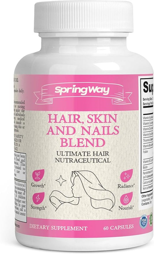 Hair Skin & Nails Blend, Ultimate Hair Nutraceutical With Biotin 5000mcg, Vitamins A, B6, C, D, Supports Healthy Hair, Supports Faster Hair Growth, Healthy Skin, Stronger Nails, 60 Capsules