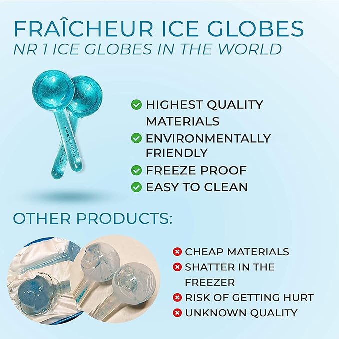 FRAÎCHEUR ICE GLOBES | Frozen Cryo Roller for Cold Facial Massage | Skincare Cooling Glass Massager with Anti-Freeze Liquid Inside | Reduce Puffiness, Pores and | Bonus Massage Techniques eBook (BLUE)
