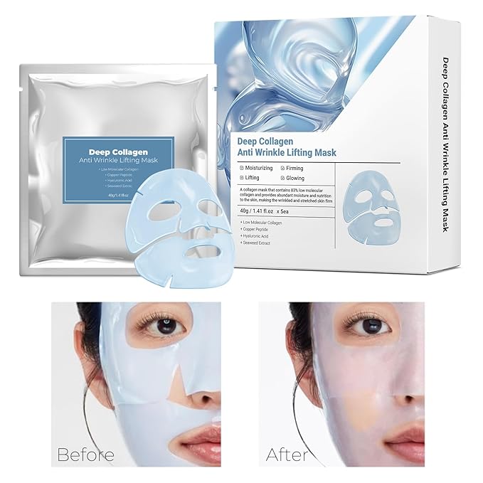 Hyaluronic Acid Collagen Face Mask with Copper Peptide and Seaweed Extract, Overnight Nourishing, for Lifting, Firming, and Moisturizing 40g x 5ea Facial Mask