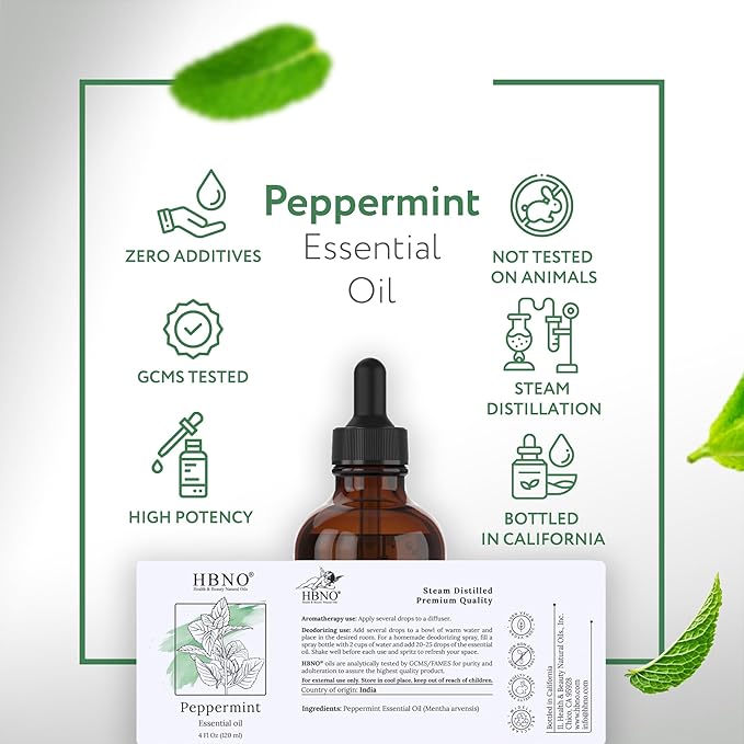 HBNO California Bottled Peppermint Essential Oil 4 fl oz (120ml) - Premium Grade Natural Peppermint Oil for Hair, Skin & Scalp Care - Ideal for Masage, Diffusers & Aromatherapy - with Glass Dropper