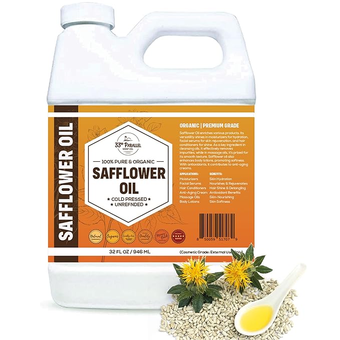 ORGANIC SAFFLOWER OIL (32 oz) Premium Cold Pressed Unrefined | 100% Pure Safflower Oil for Skin, Face, Hair, Soap Making | Carrier for Essential Oils | Available in Bulk | 32 FL OZ