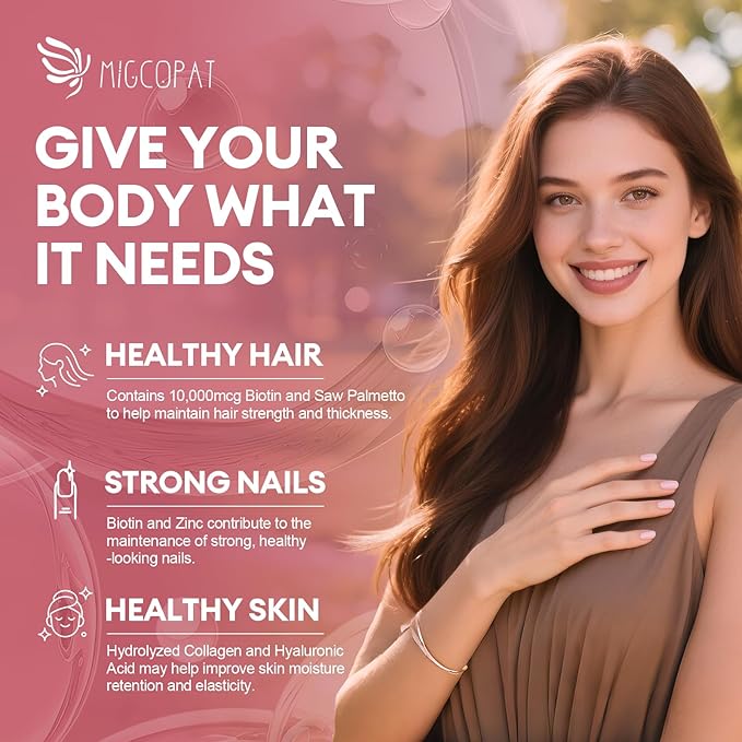 Hair Skin and Nails Vitamins with Biotin, Collagen & Hyaluronic Acid, Supports Healthy Hair Growth, Strong Nails & Glowing Skin, Biotin Supplement with Vitamins A, C, D3, E, B Complex & Minerals