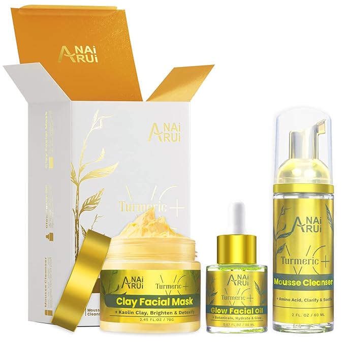 ANAI RUI Turmeric Facial Skincare Set, Mother's Day Gift for Women, Turmeric & Vitamin C Clay Mask for Dark Spot, Moisturizing Facial Oil, Turmeric Face Cleanser, Skincare Gift Set for Women