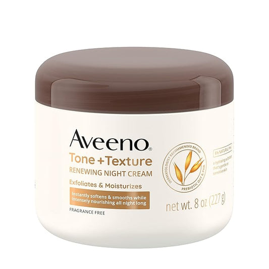 Aveeno Tone + Texture Renewing Night Cream With Prebiotic Oat, Gentle Cream Exfoliates & Moisturizes Sensitive Skin, Instantly Softens & Smooths & Intensely Nourishes, Fragrance-Free, 8 Oz