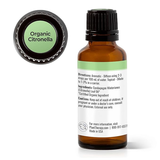 Plant Therapy Citronella Organic Essential Oil 100% Pure, USDA Certified Organic, Undiluted, Natural Aromatherapy, Therapeutic Grade 30 mL (1 oz)