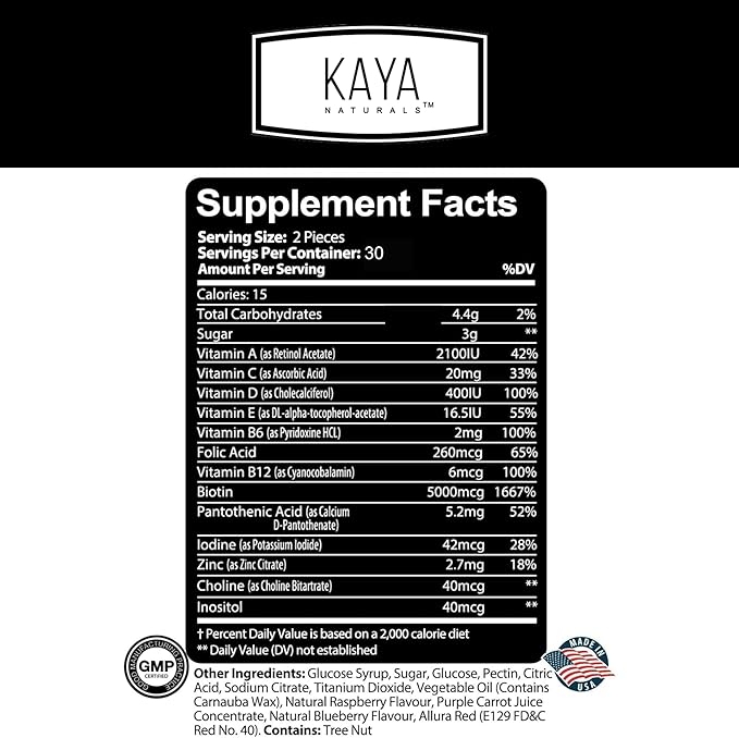Kaya Naturals Hair Growth Gummies - Biotin 5000mcg Vitamins for Healthy Hair, Skin, and Nails - Beauty Supplement for Women or Men - 60 Count - Blueberry Flavor