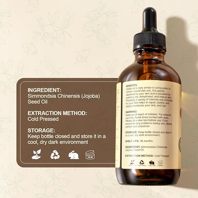 Jojoba Oil 4 fl oz EWG Verified Organic 100% Pure Jojoba Oil Cold Pressed for Skin, Hair, Nails, Cuticles - Unrefined & Hexane Free, Natural Moisturizer Carrier oils Facial Serum for Gua Sha