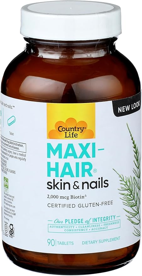 Country Life Maxi-Hair Supplement - 2000mcg Biotin & Vitamins for Hair, Skin & Nails - Certified Gluten-Free & Vegetarian - Supports Hair Growth, 90 Tablets