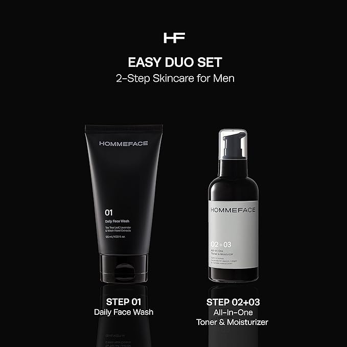 HOMMEFACE Men’s 2-Step Daily Skincare Kit + 5 Facial Sheet Mask Set Bundle