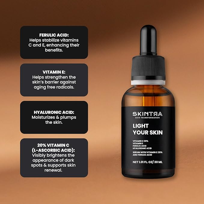 Light Your Skin Vitamin C 20% & Ferulic Acid Serum - Brightening Anti-Aging Formula with Vitamin E - Fades Dark Spots & Improves Skin Tone - Vegan, 30 ml/Net 1.01 Fl. Oz