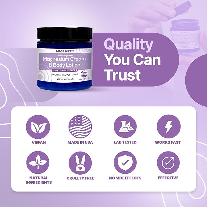 Nighttime Lavender Magnesium Cream & Non-Greasy Body Lotion. Extra Strength 250mg Magnesium Chloride for Muscle Relief, Leg Cramps, Relaxation and Sweet Sleep. Vegan, Made in The USA.