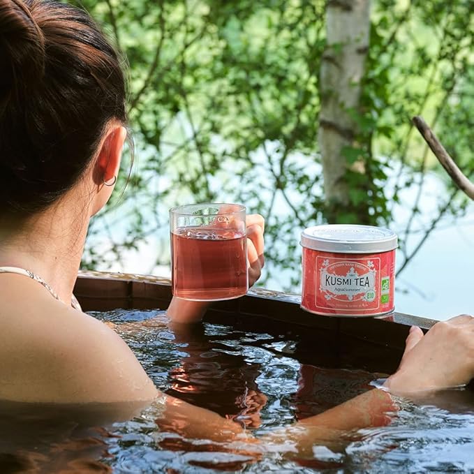 Kusmi Tea - AquaSummer - Organic Blend of Hibiscus, Apple, Apricot & Peach - Caffeine Free Herbal Tea - Enjoy Hot or Iced - Loose Leaf Tea - Tin Box of 3.5 oz - Quantity for about 50 cups